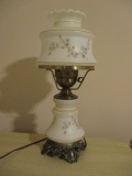 Floral Motif Satin Glass Turn Key Lamp with Antique Brass Base