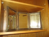 Antique Tri-Fold Beveled Vanity Mirror with Brass Frame