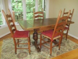 Antique Oak Draw Leaf Table and Four Ladder Back Chairs with Rush Seats
