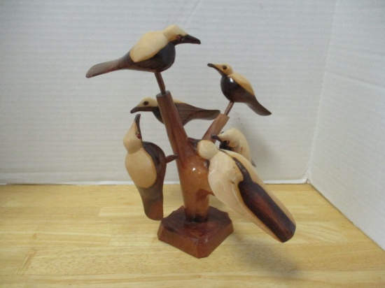 Hand Carved Birds in a Tree Statue