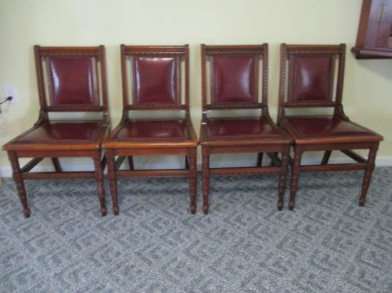 Four Antique Eastlake Side Chairs with Faux Leather Seat/Back with Nail Head Accents