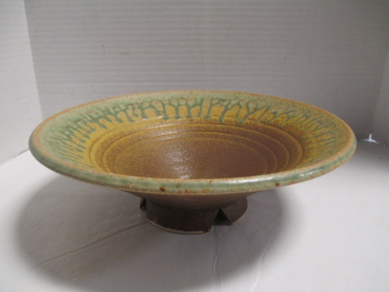 Footed Pottery Bowl With Drip-Glazed Rim