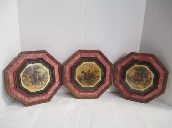 Set Of 3 Hunt Scene Prints In Octagonal Frames