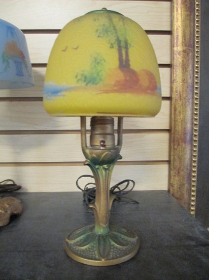 Vintage Metal Base Accent Lamp With Reverse Painted Landscape Shade