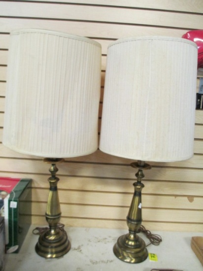 Pair Of Brushed Antique-Brass Base Lamps With Vintage Crimped Shades