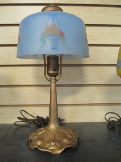 Vintage Metal Base Accent Lamp With Reverse Painted Fruit Basket Shade