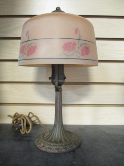 Vintage Metal Base Accent Lamp With Reverse Painted Floral Shade