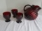 Pressed Glass Ruby Red Swirl Pattern Ball Pitcher and Three Tumblers