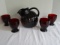 Pressed Glass Ruby Red Swirl Pattern Ball Pitcher and Four Tumblers