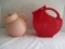 Vintage Red Plastic Pitcher with Flip Lid Spout and Pink Overlay Ribbed Ball Pitcher