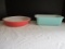 Vintage Pyrex Solid Turquoise 213 Loaf Dish and Solid Pink 221 Round Dish