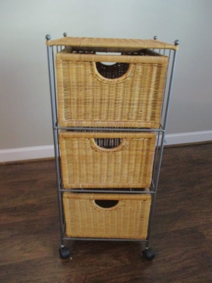 Metal Frame Rolling Cart with 3 Woven Drawers