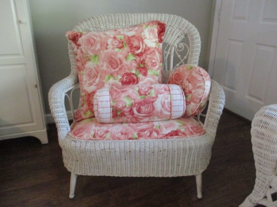 Vintage White Wicker Chair with Upholstery Seat and Three Accent Pillows