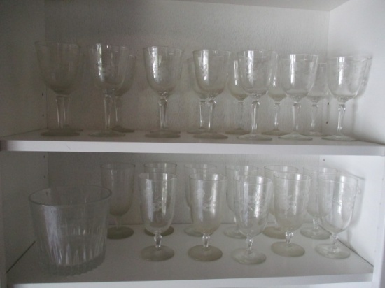 Etched Crystal Stemware and Ice Bowl