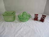 Green Vaseline Glass Refrigerator Dish and Juice Reamer and Cast Metal Rocker Shakers