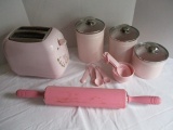 3 Pc. Pink Metal Cannister Set, Pink Measuring Cups and Spoons, Pink Cooks 2 Slice