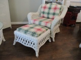 D & F Wicker Imports White Wicker Chair and Ottoman with Removable Cushions