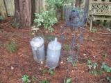 Two Galvanized Watering Cans and Metal Plant Stand