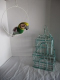 Painted Decorative Metal Bird Cage and Pottery Parrot on Metal Hanging Perch