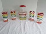Vintage Anchor Hocking Fiesta Stripe Juice Jug with Lid and Four Glasses