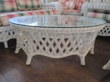 Oval White Wicker Coffee Table with Glass Top