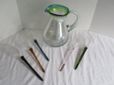 Art Glass Pitcher with Ombre Rim and Five Art Glass Stem Flutes