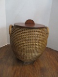 Woven Double Handled Basket with Wood Lid and Bottom