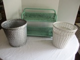 Painted Wicker Shelf and Two Trash Cans
