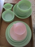 Fire King Green Jadeite Plates and Bowls, Pink Cup/Saucer and Plates