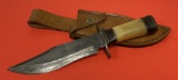 Timber Wolf Damascus Fixed Blade Bowie Knife with Bone handle and Leather Sheathe