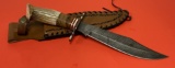 Nice Damascus Fixed Blade Hunting Knife with Stag Horn Grip & Leather Sheathe