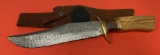 Nice Damascus Fixed Blade Bowie Knife with Wood Grip & Leather Sheathe