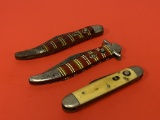 (3) Vintge Push Button Automatic Pocket Knives -Hammer Brand, Imperial, Shapleigh D-E