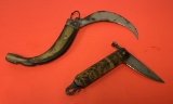 (2) Tribal Style Folding Knives - Curved Blade with Horn Grip & Old Flip Blade Knife