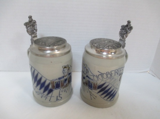 Pair of German Oktoberfest Steins with Pewter Lids