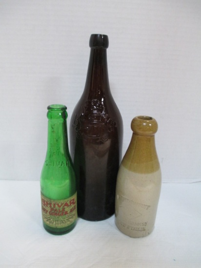 Three Antique Bottles-1890's Hoppe & Strub Blob Top Whiskey Amber Bottle,