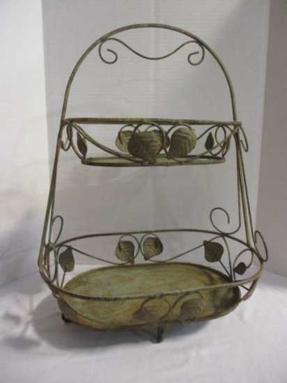 Metal 2 Tier Basket Stand with Leaf Accents