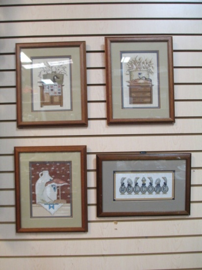 Four Framed Cross Stitch Farmhouse Style Scenes