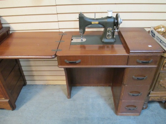 Vintage White Sewing Machine in Art Deco Style Cabinet and Sewing Sundries