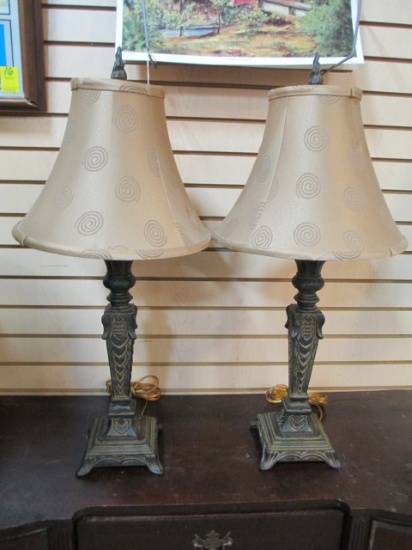 Pair of Cast Metal Lamps with Shades