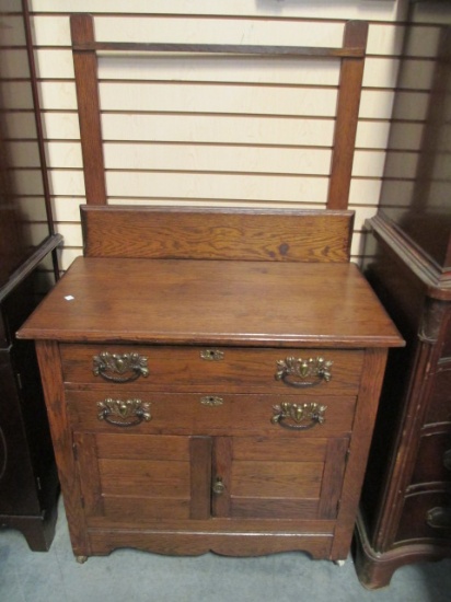 Antique Oak Washstand with Two Drawers and Cabinet Storage