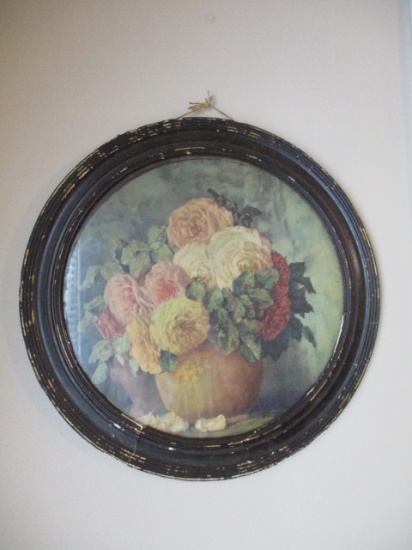 Vintage Round Painted Black Wood Frame Floral Still Life Print