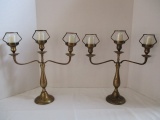 Pair of Metal Triple Candelabras with Battery Operated Candles