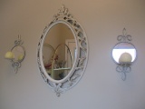 Vintage Ornate Oval Syroco Mirror and Pair of Metal Mirrored Candle Sconces