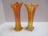 Pair of Carnival Glass Marigold Fluted Vases