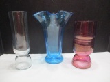 Cranberry, Blue, and Clear Glass Vases