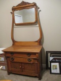 Antique Oak Dry Sink with Mirror and Towel Bar