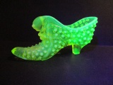 Fenton Hobnail Vaseline Glass Shoe