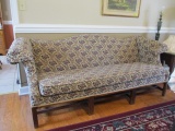 Fields Upholstery & Furniture Scallop Back Sofa with Scroll Arms and Wood Legs