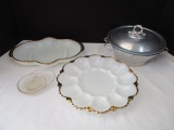 Fire King Milk Glass Relish Dish, Egg Plate, Glass Coaster, Aluminum Bowl with Glass Insert